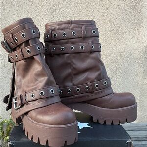 Dolls Kill Brown Combat Boots with Buckles
